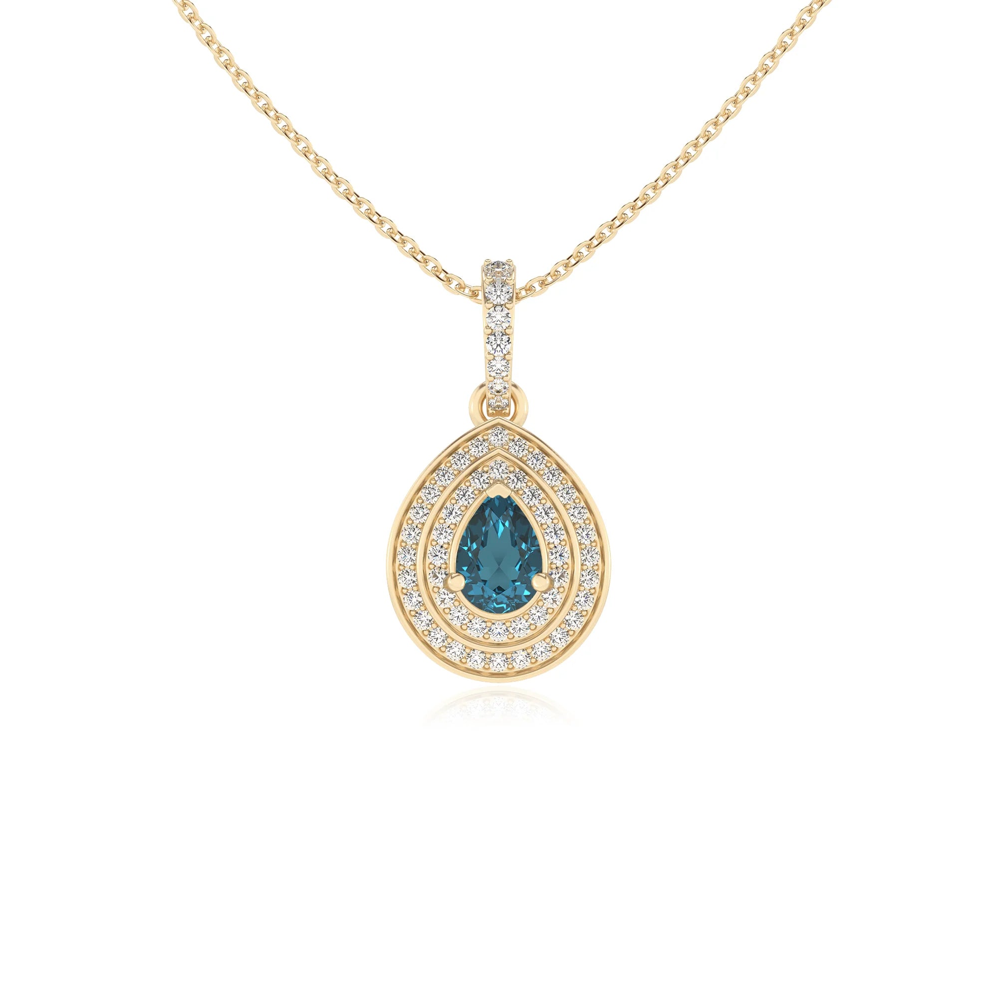 natural london-blue-topaz pear halo necklaces in yellow gold