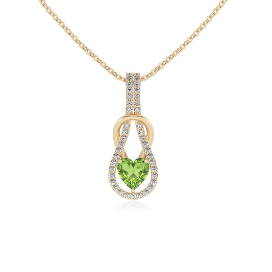 natural peridot heart infinity v-bale necklaces in yellow gold