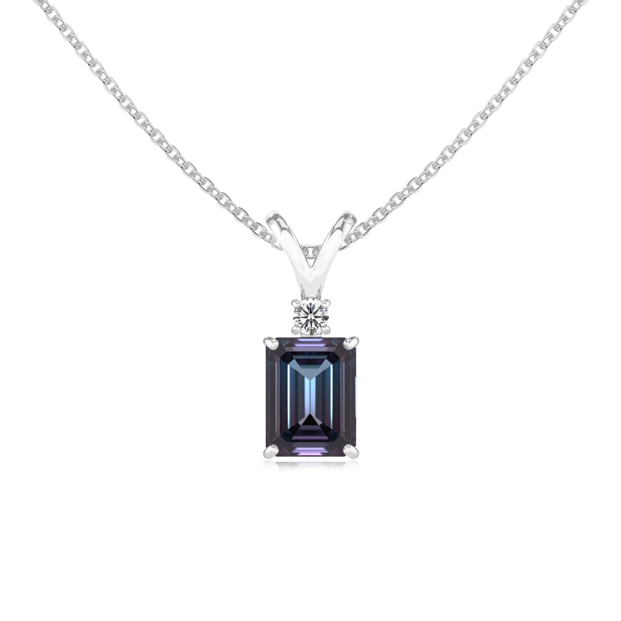 lab grown alexandrite emerald cut solitaire v-bale necklaces in sterling silver