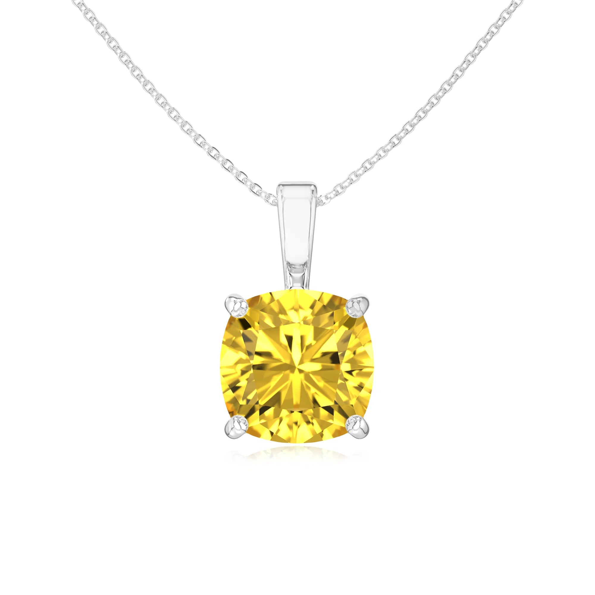 lab grown yellow-sapphire cushion solitaire necklaces in platinum