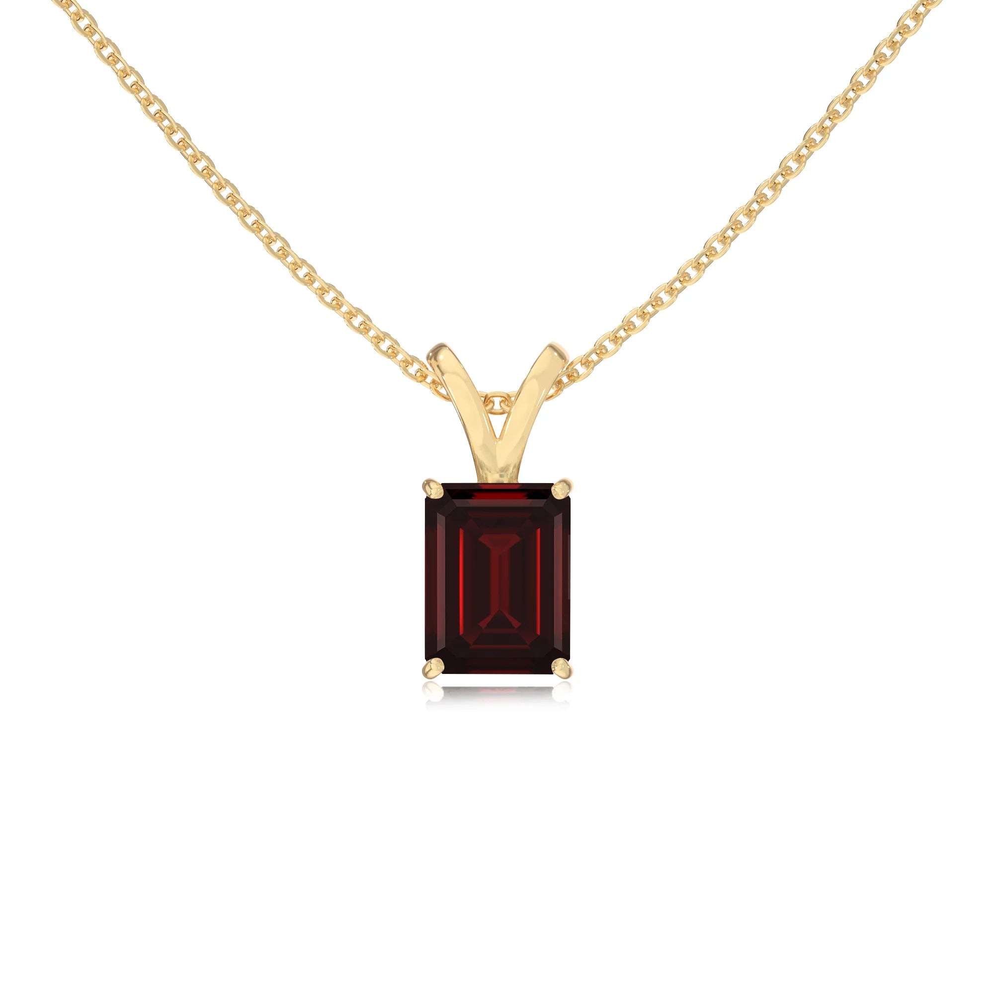 natural garnet emerald cut solitaire v-bale necklaces in yellow gold