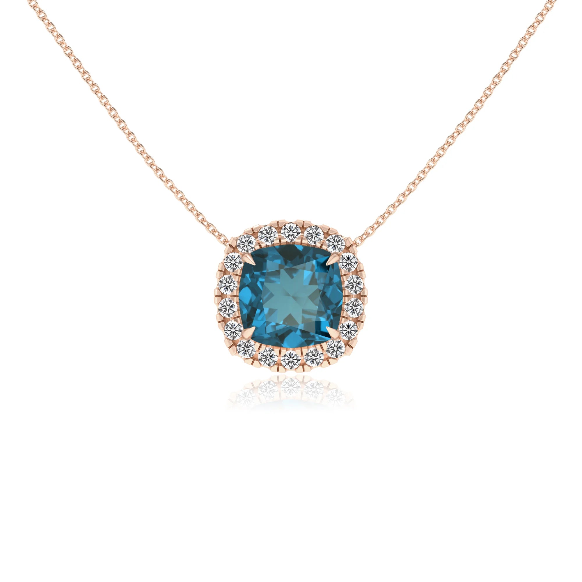 natural london blue topaz cushion solitaire necklaces in rose gold