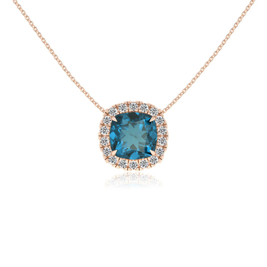 natural london blue topaz cushion solitaire necklaces in rose gold