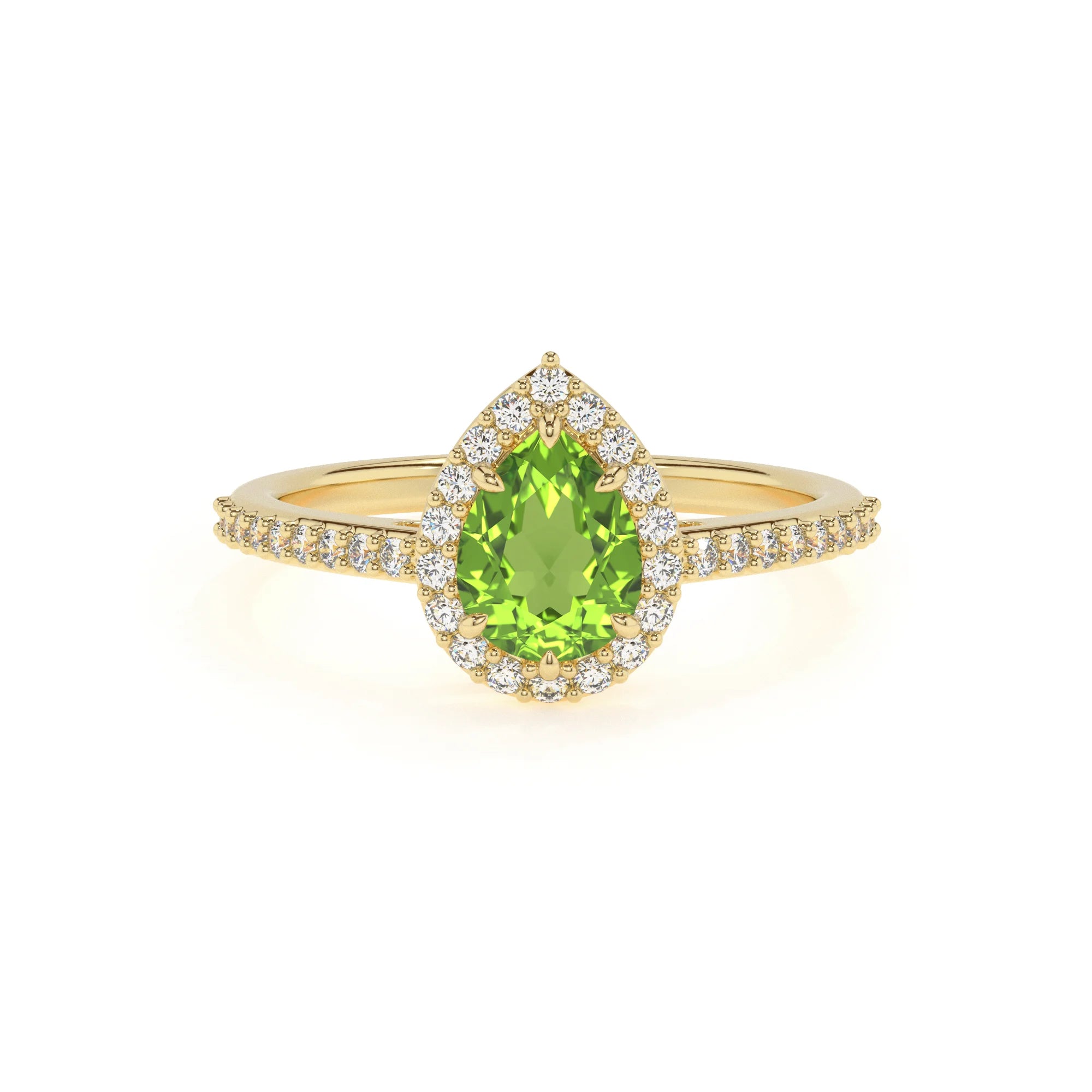 natural peridot pear solitaire rings in yellow gold
