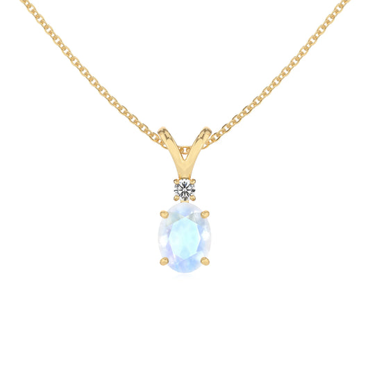 natural rainbow-moonstone oval solitaire v-bale necklaces in yellow gold