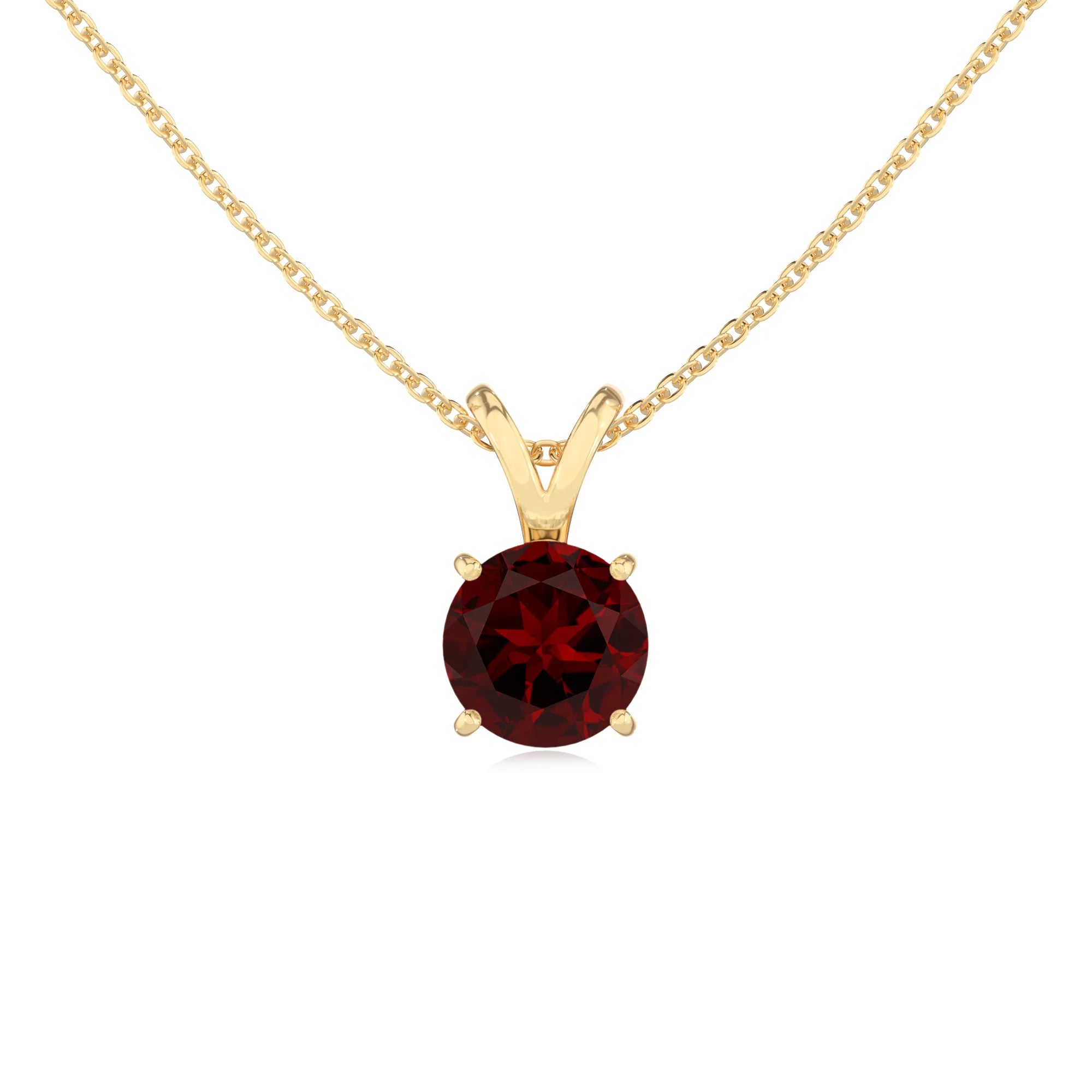 natural garnet round solitaire v-bale necklaces in yellow gold
