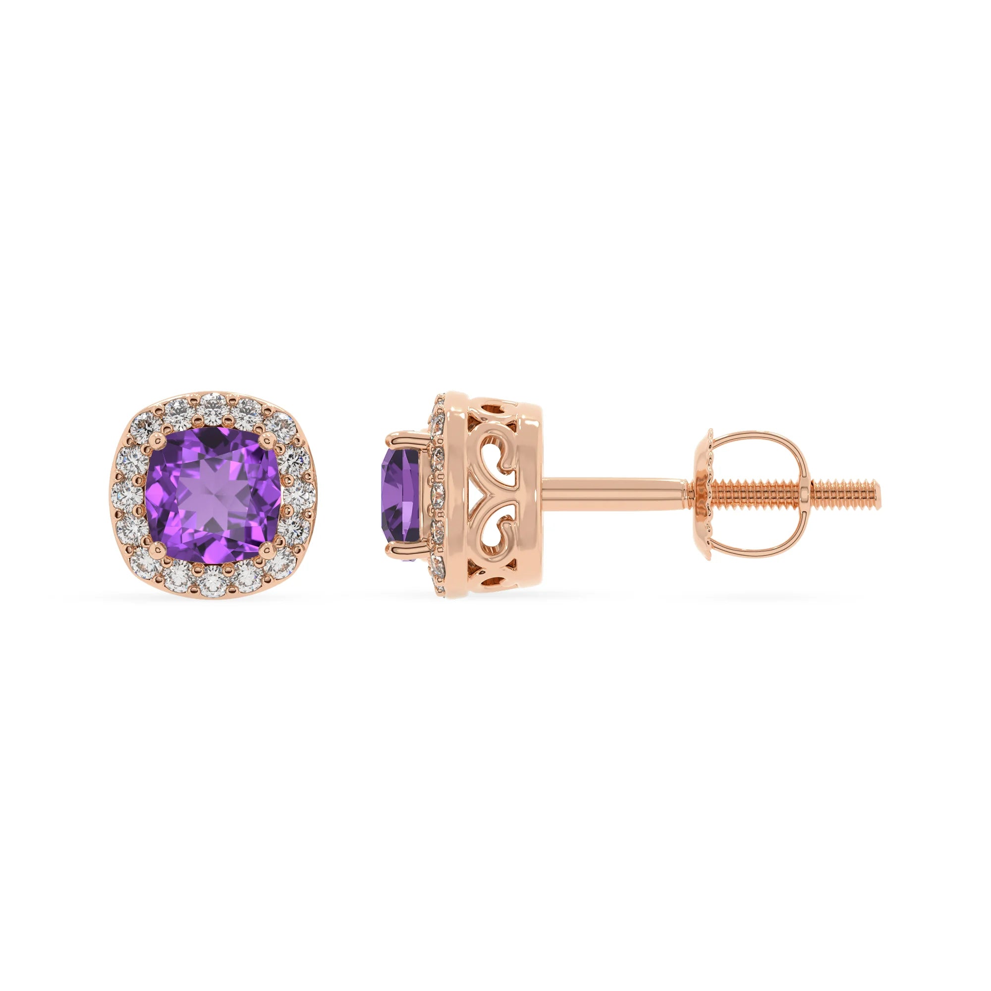 lab grown amethyst cushion stud earrings in rose gold