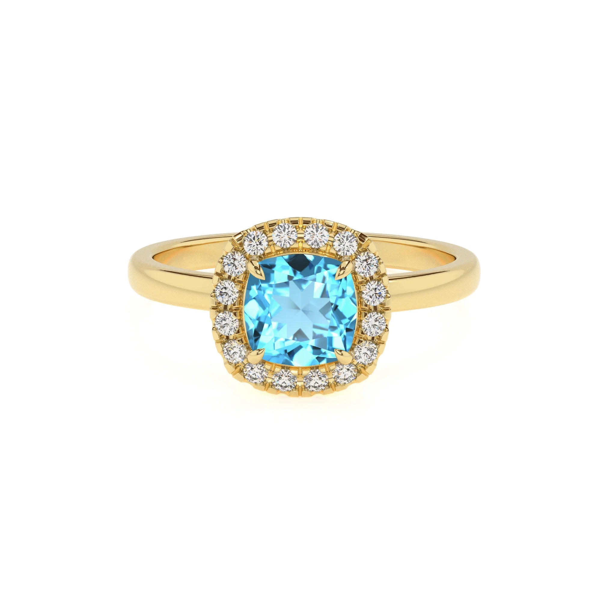 natural swiss-blue-topaz cushion solitaire rings in yellow gold