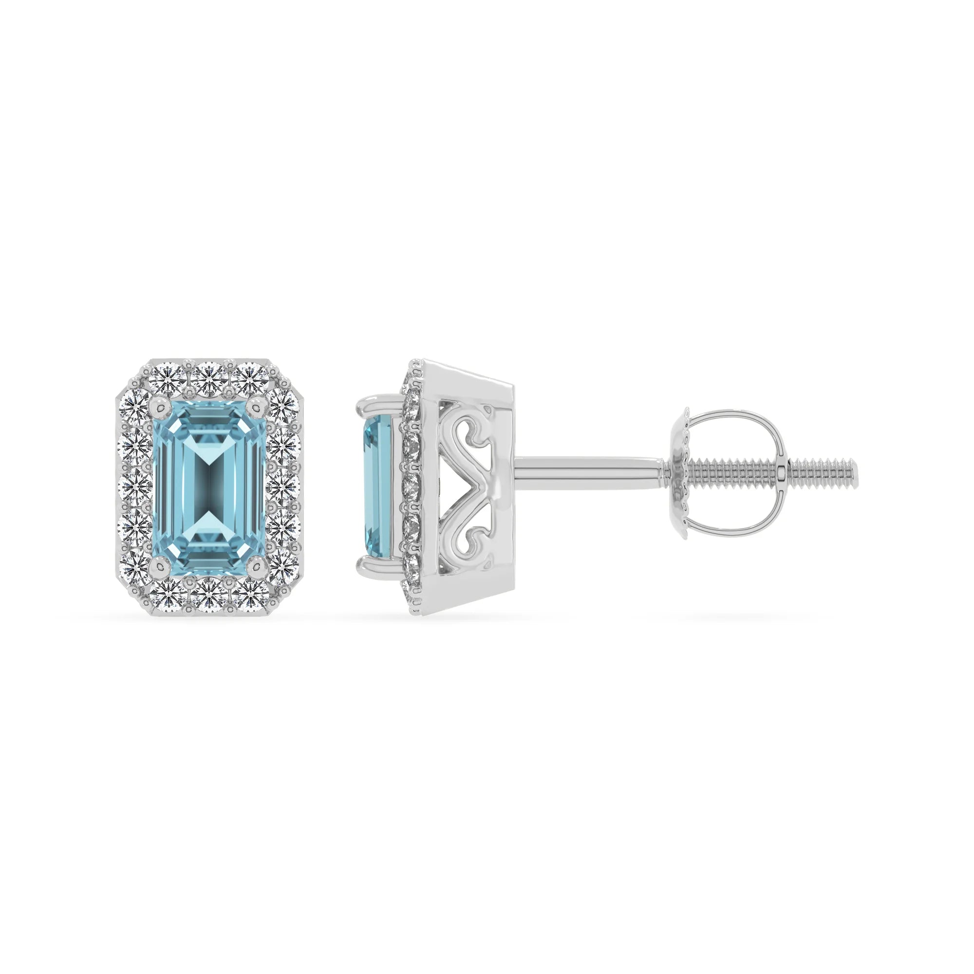 lab grown aquamarine emerald cut stud earrings in platinum