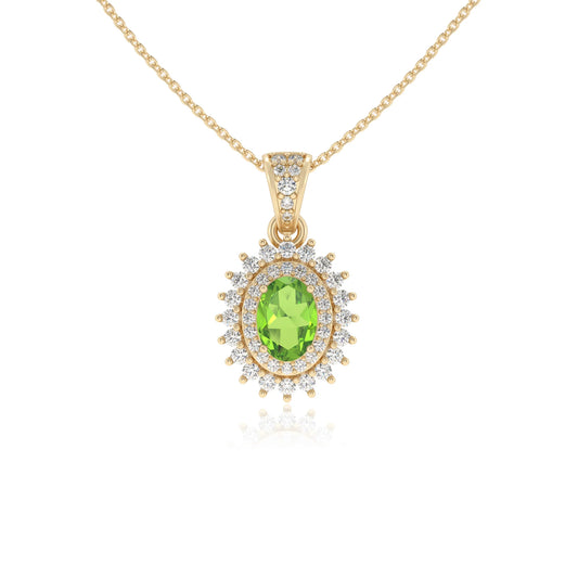 natural peridot oval halo necklaces in yellow gold