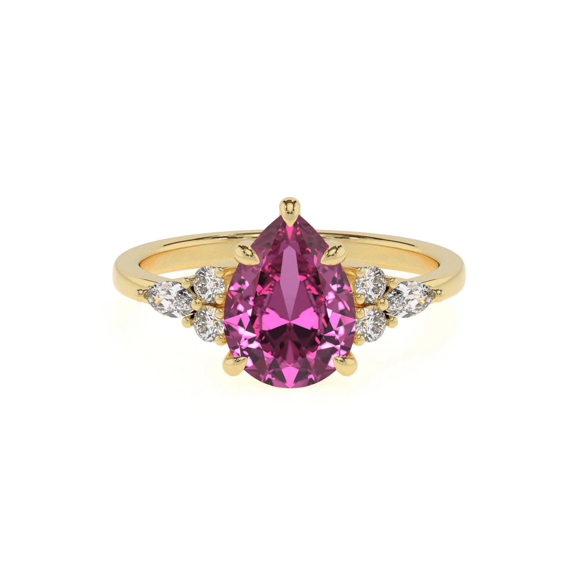 lab grown pink-sapphire pear solitaire rings in yellow gold