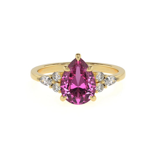 lab grown pink-sapphire pear solitaire rings in yellow gold