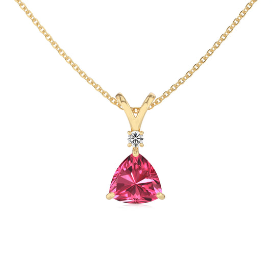 lab grown pink-tourmaline trillion solitaire v-bale necklaces in yellow gold