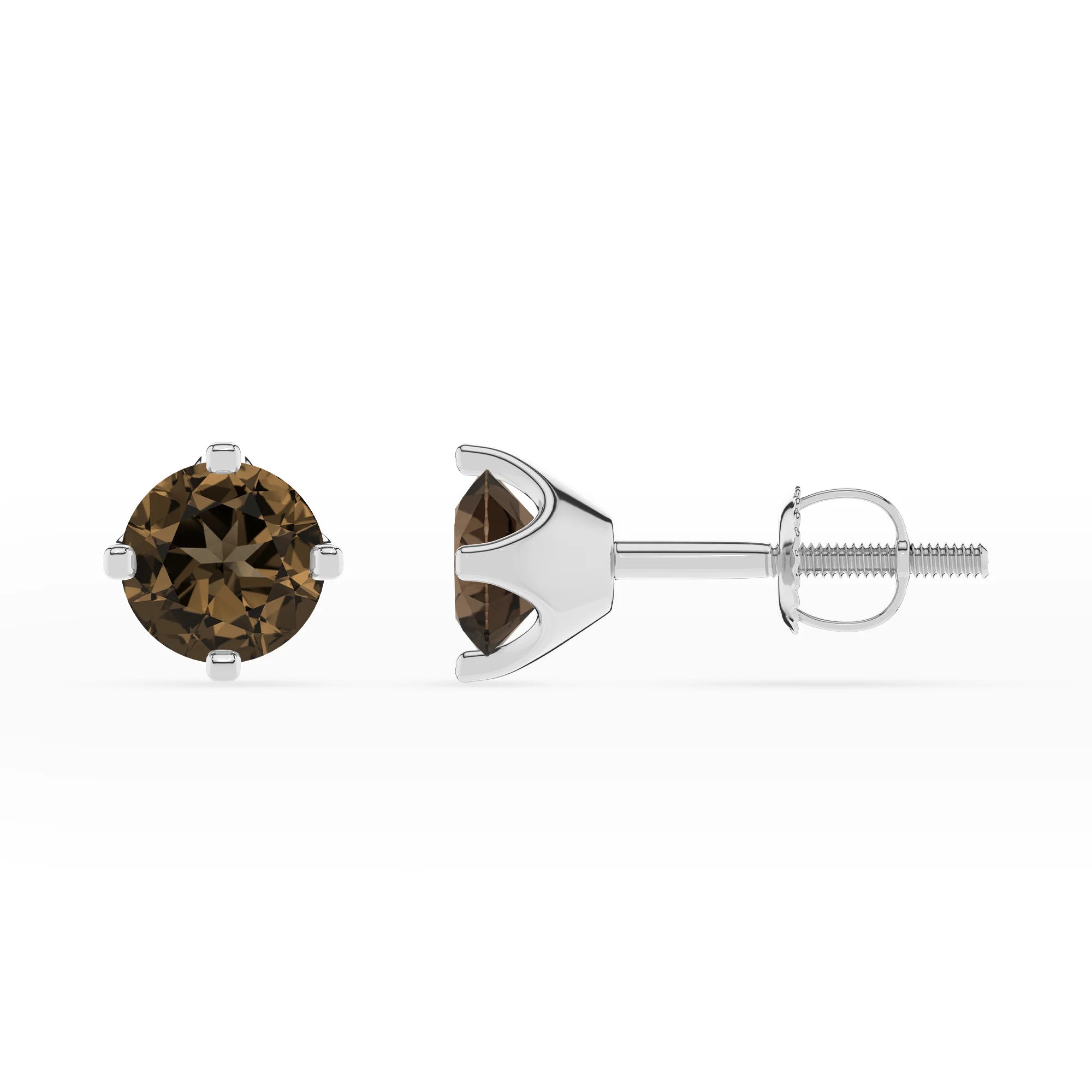 natural smoky quartz round stud earrings in white gold