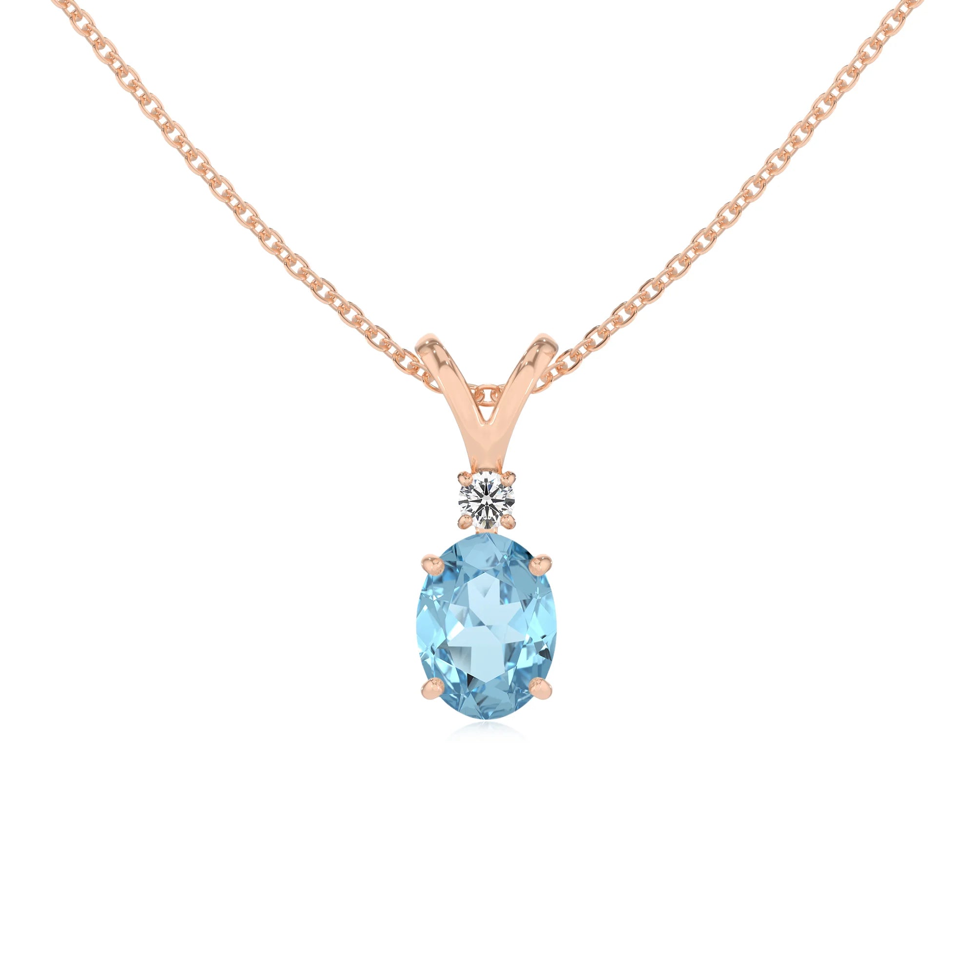lab grown aquamarine oval solitaire v-bale necklaces in rose gold