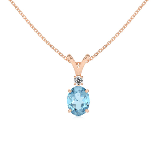 lab grown aquamarine oval solitaire v-bale necklaces in rose gold