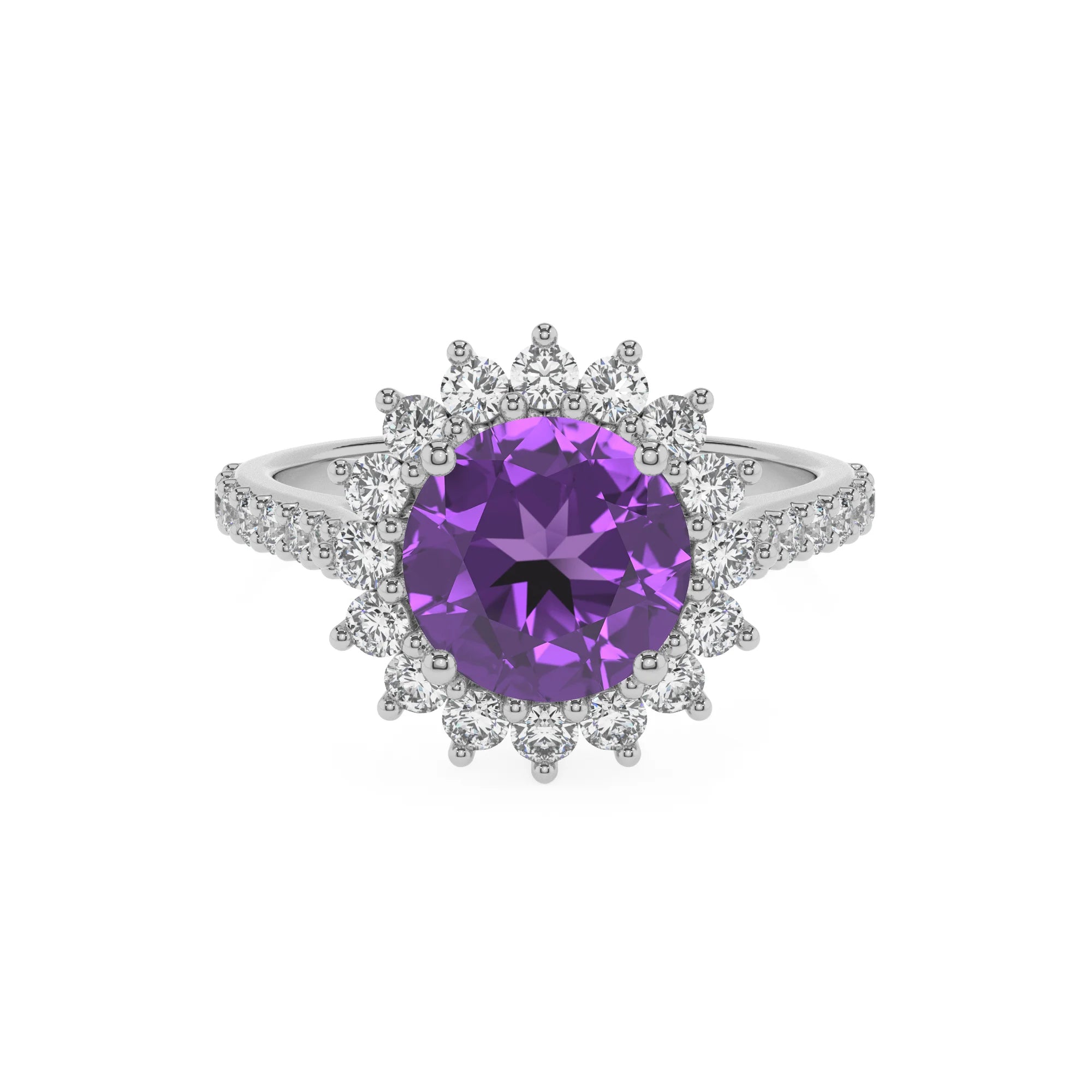 lab grown amethyst round solitaire rings in sterling silver