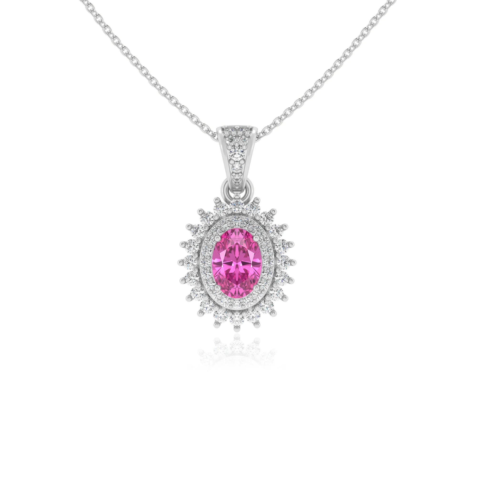 lab grown pink-sapphire oval halo necklaces in white gold
