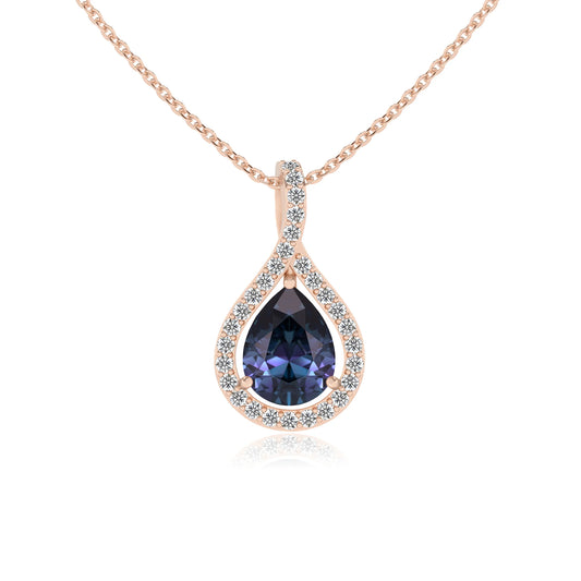 lab grown alexandrite pear solitaire necklaces in rose gold