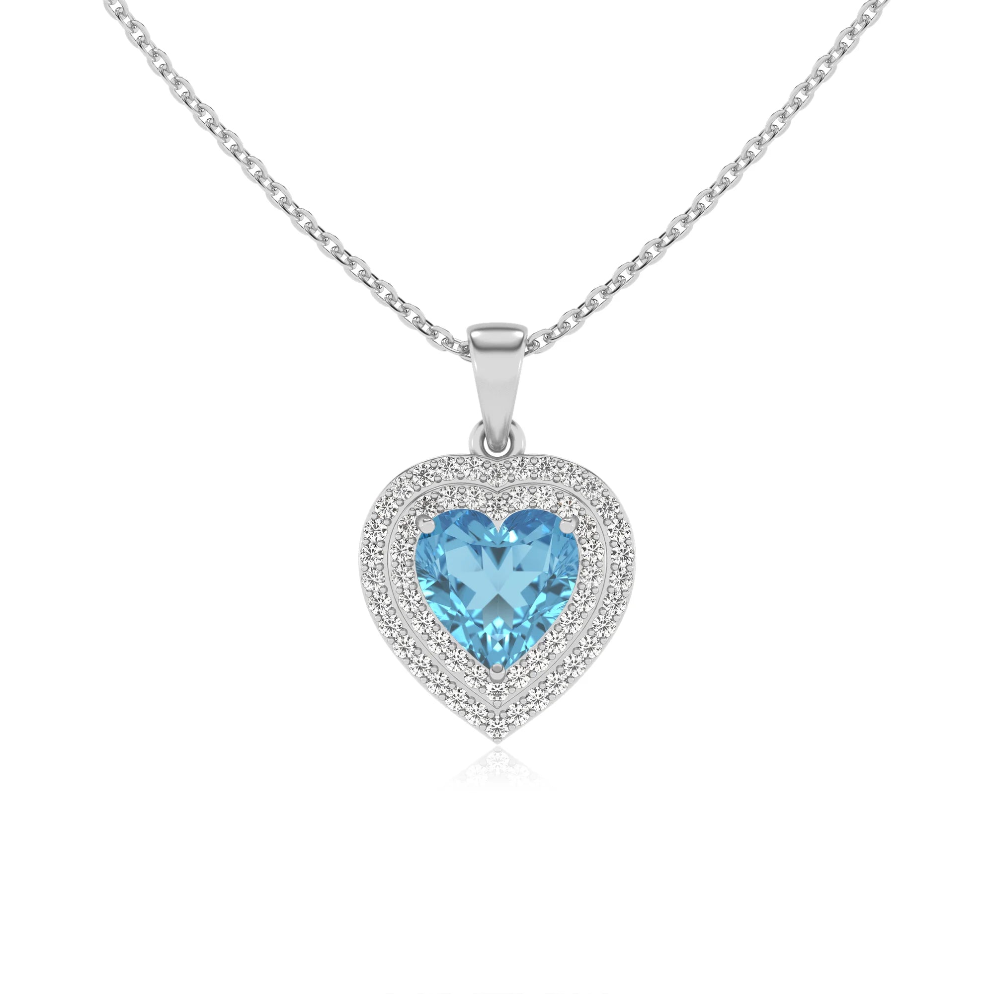 natural swiss blue topaz heart halo necklaces in white gold
