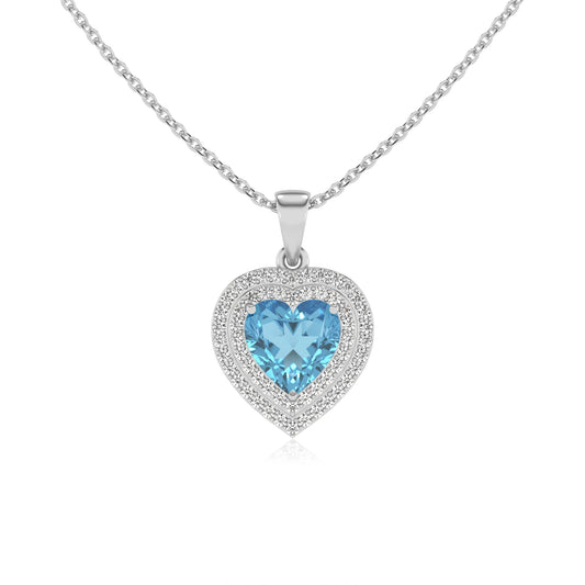 natural swiss blue topaz heart halo necklaces in white gold