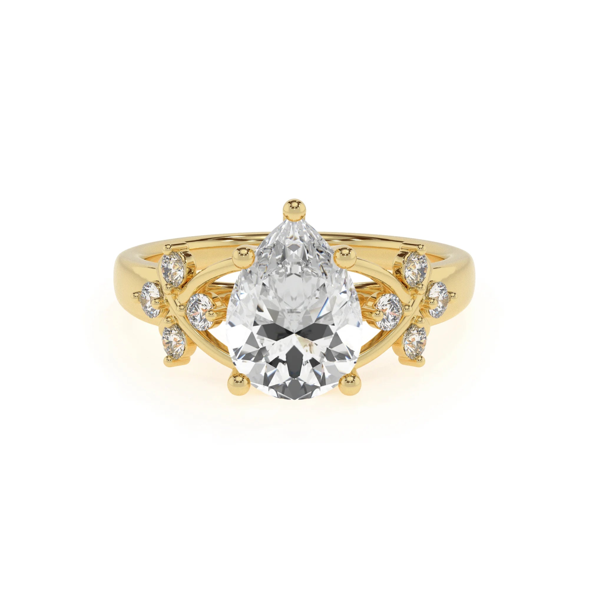 lab grown moissanite pear solitaire rings in yellow gold