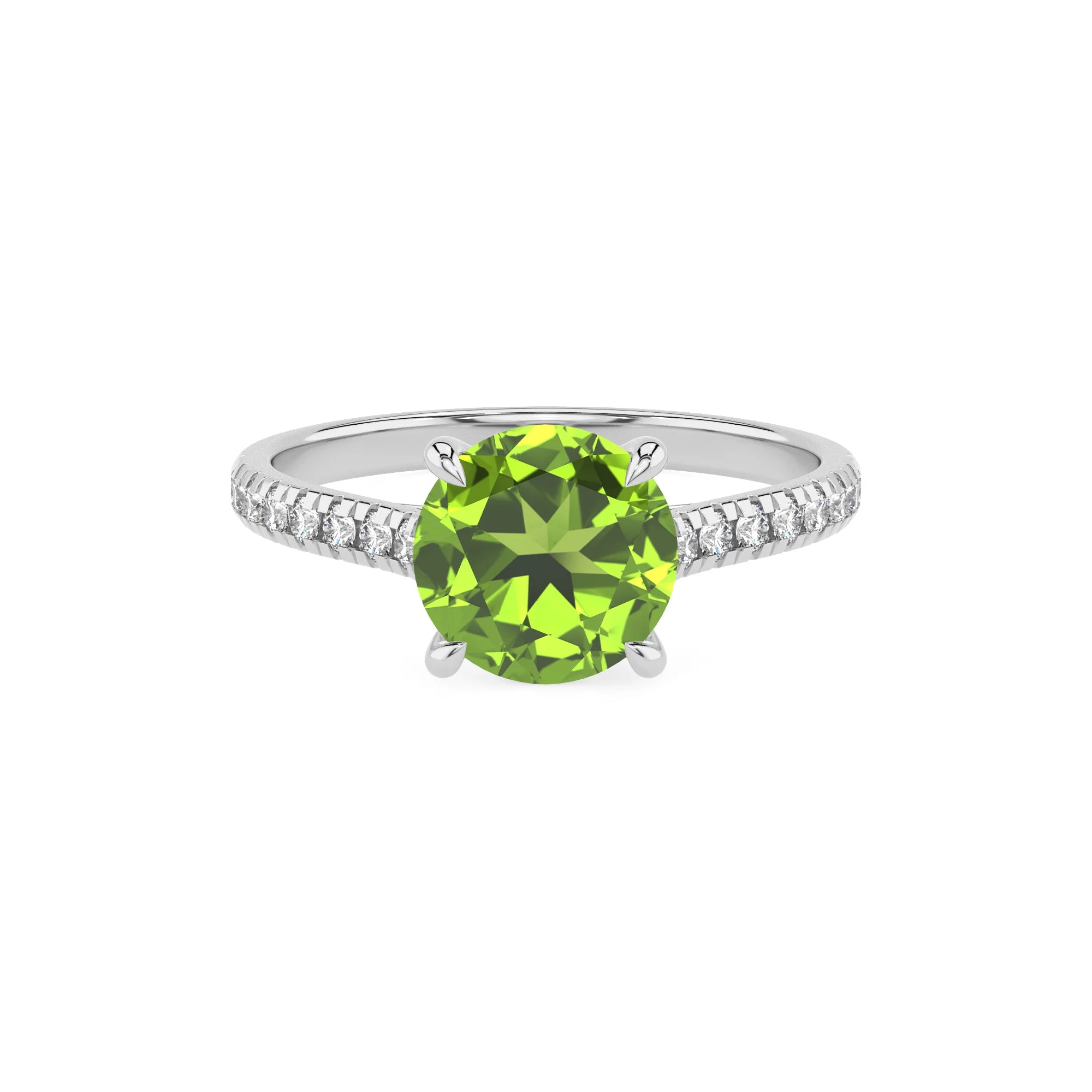 natural peridot round half eternity solitaire engagement rings in sterling silver