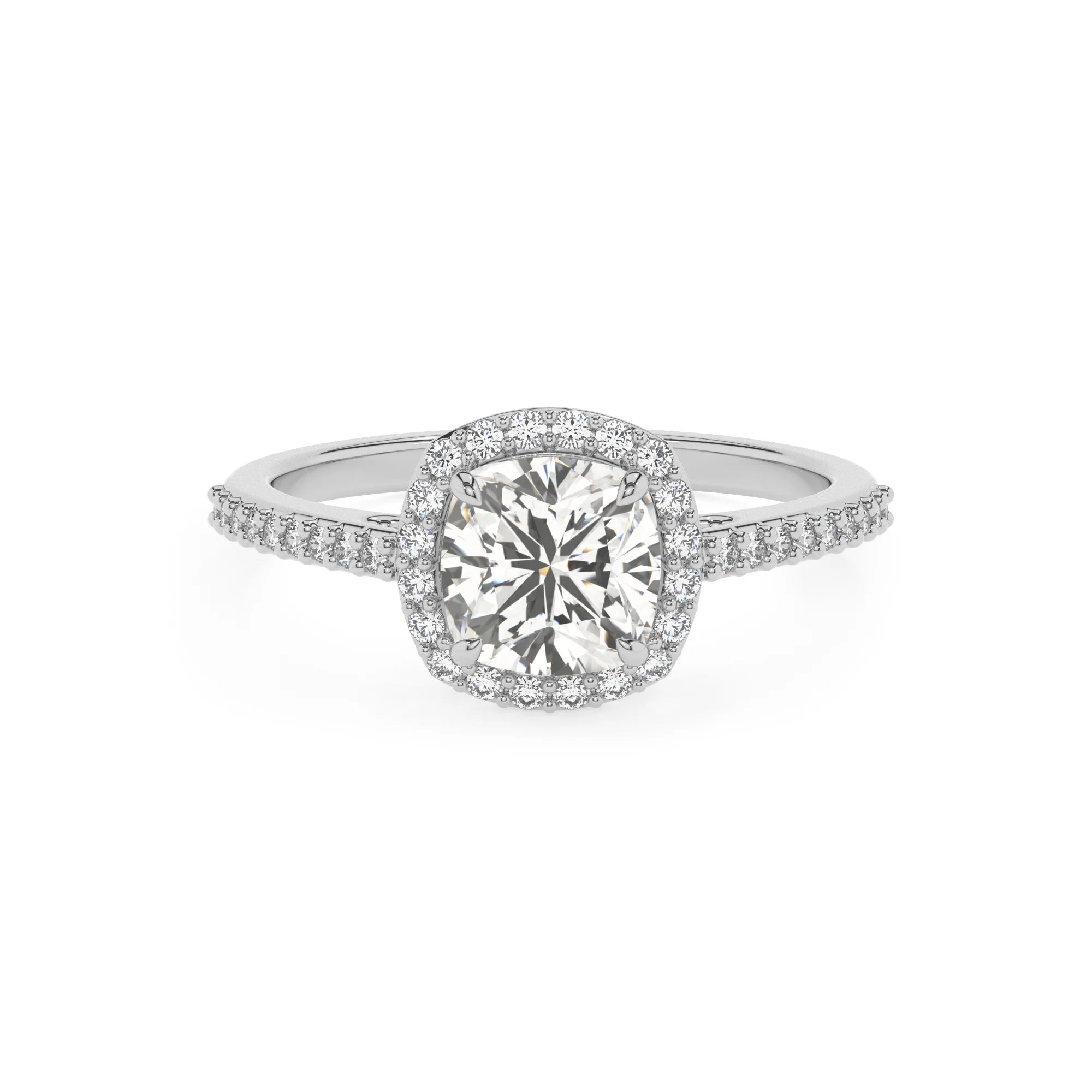 lab grown moissanite cushion solitaire rings in white gold