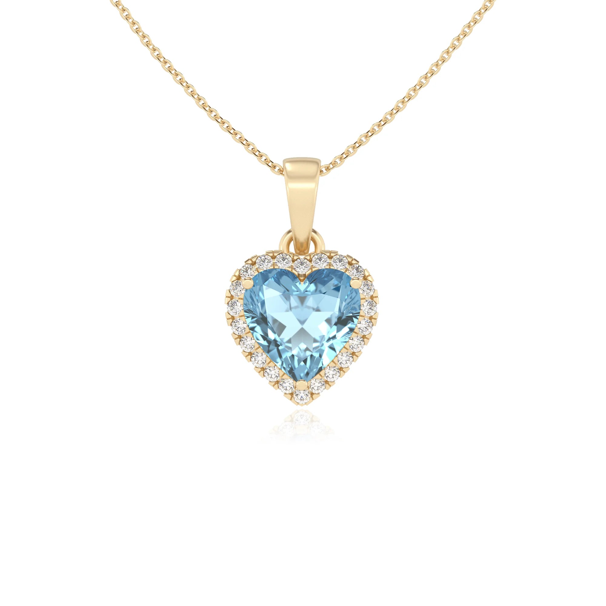 lab grown aquamarine heart solitaire necklaces in yellow gold