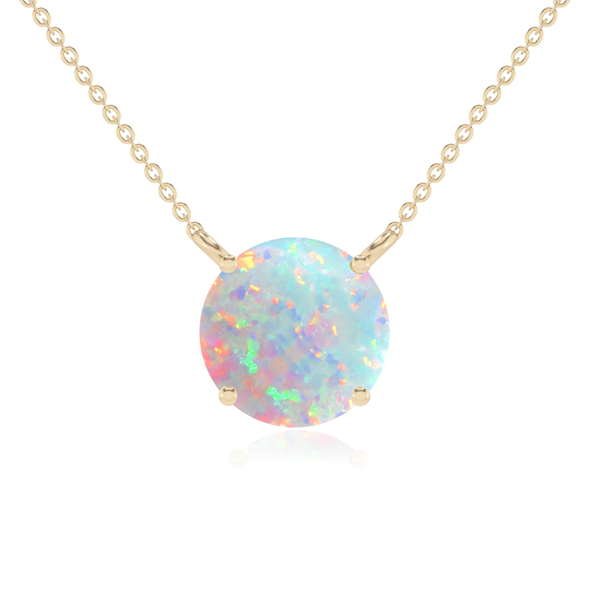 lab grown opal round solitaire necklaces in yellow gold