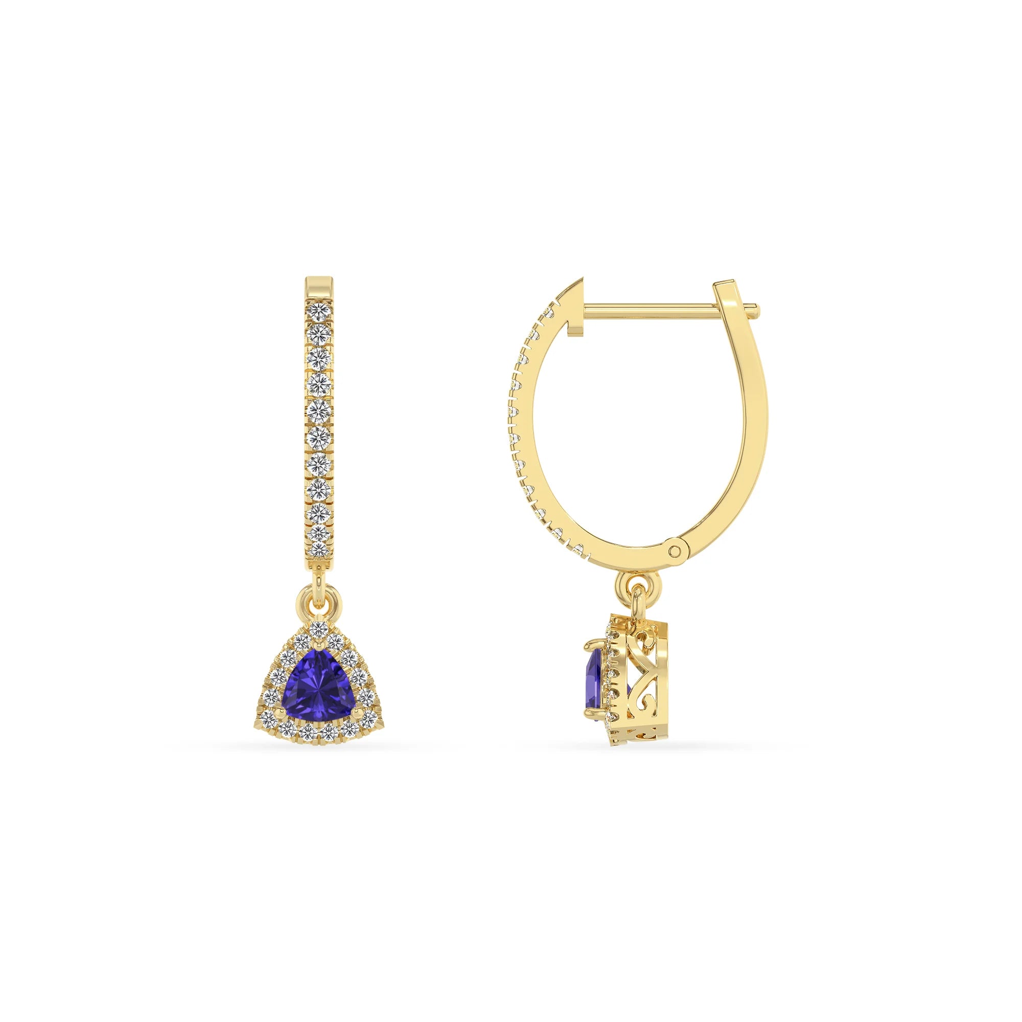 lab grown tanzanite trillion drop earrings in yellow gold