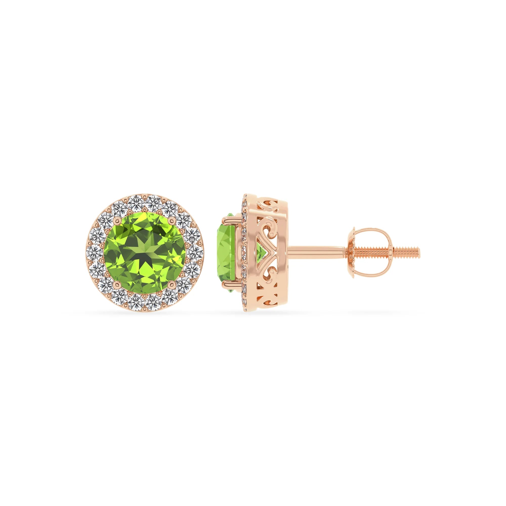natural peridot round stud earrings in rose gold