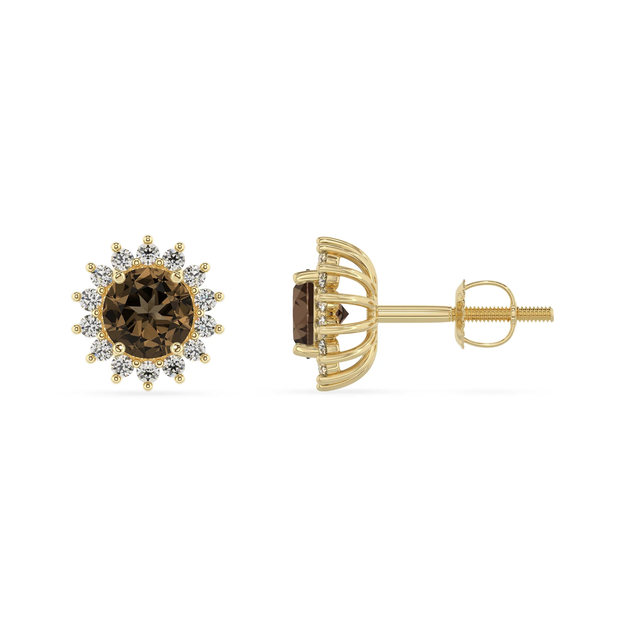 natural smoky quartz round stud earrings in yellow gold