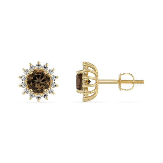 natural smoky quartz round stud earrings in yellow gold
