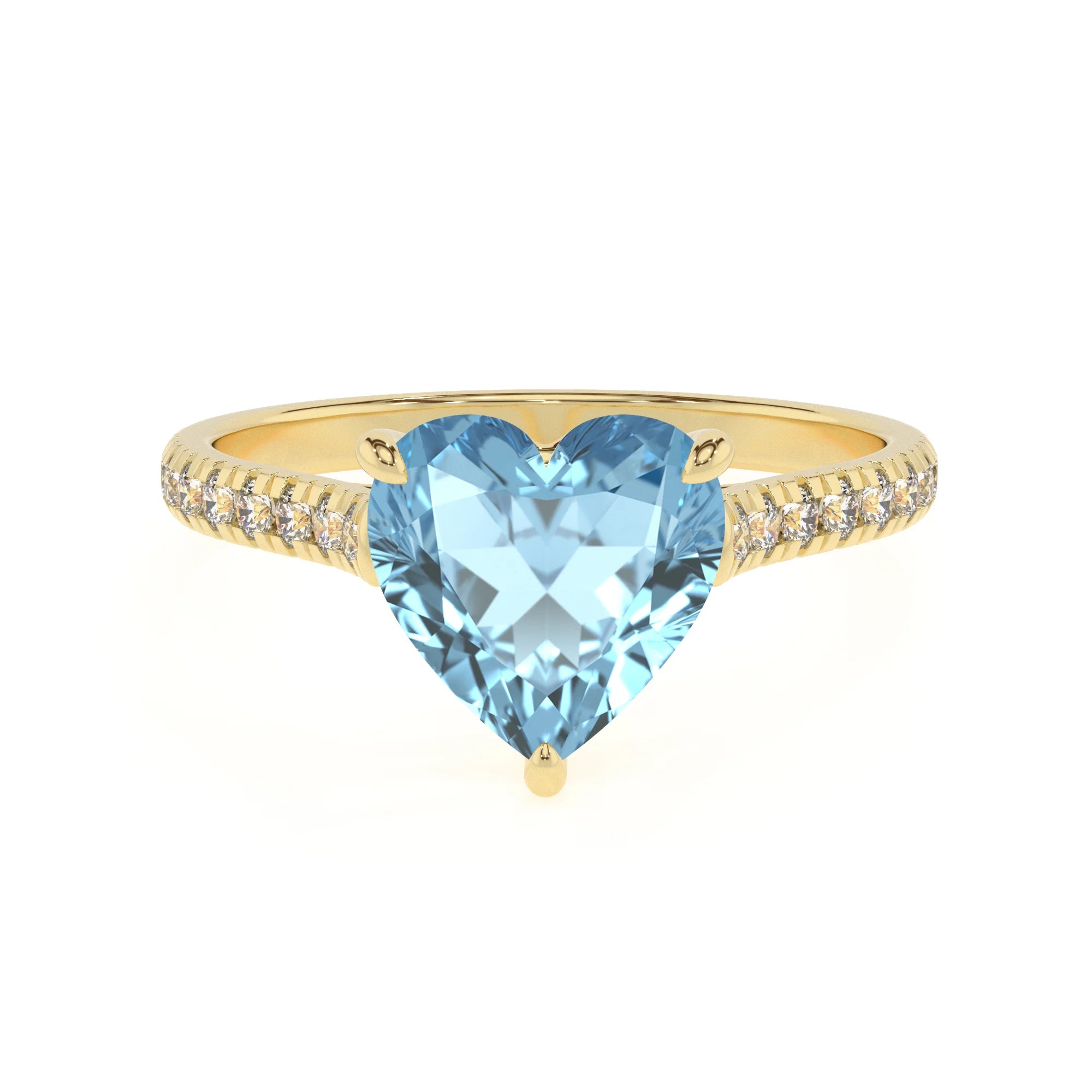 lab grown aquamarine heart half eternity solitaire engagement rings in yellow gold