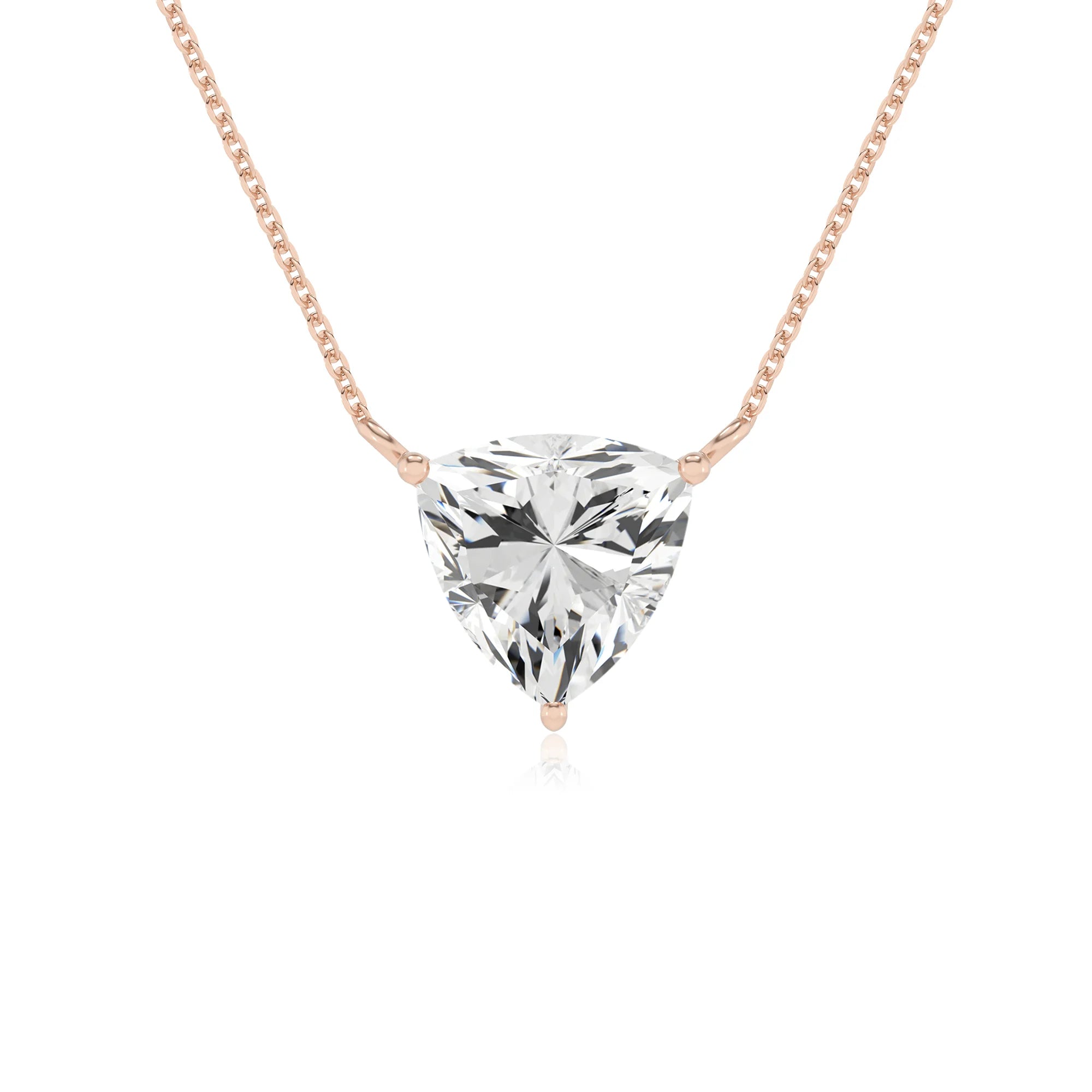 lab grown moissanite trillion solitaire necklaces in rose gold