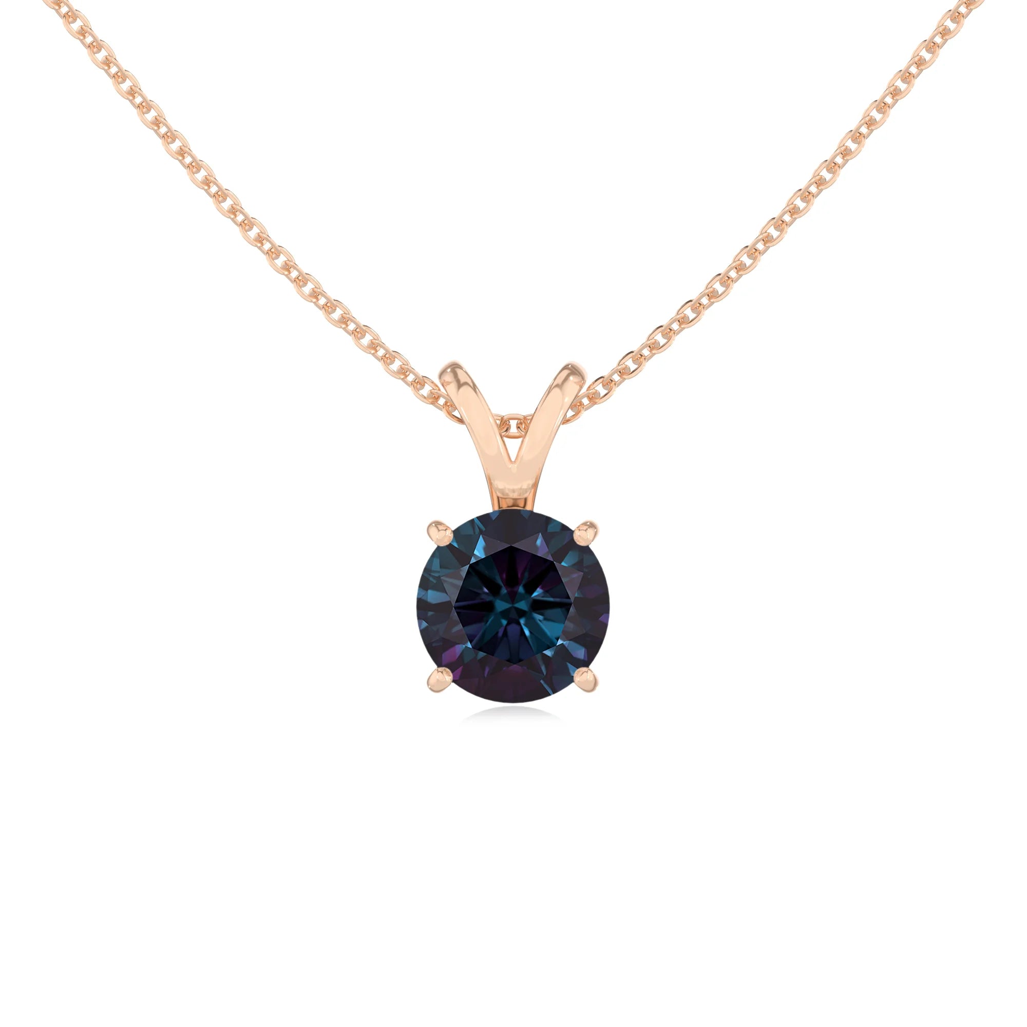 lab grown alexandrite round solitaire v-bale necklaces in rose gold