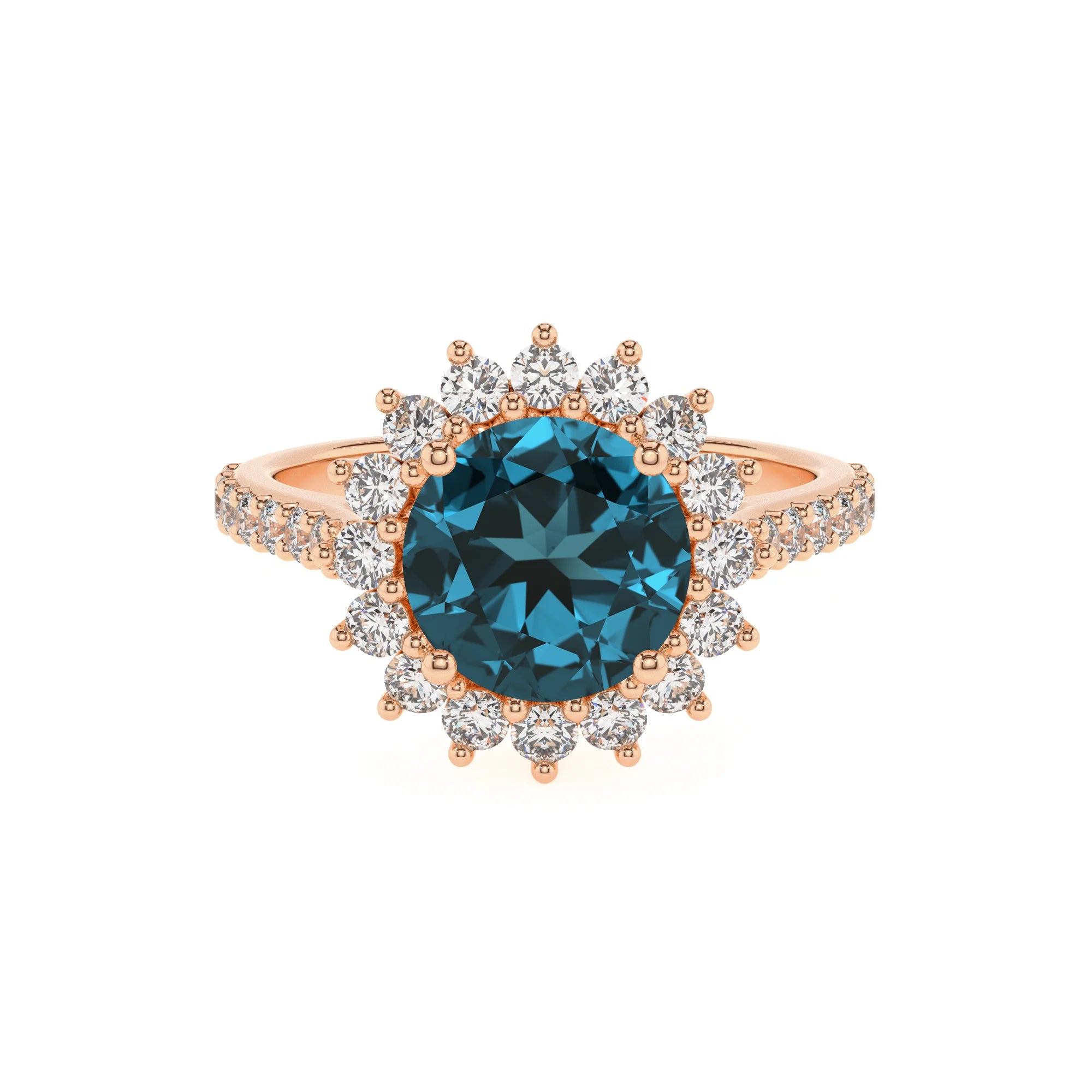 natural london-blue-topaz round solitaire rings in rose gold