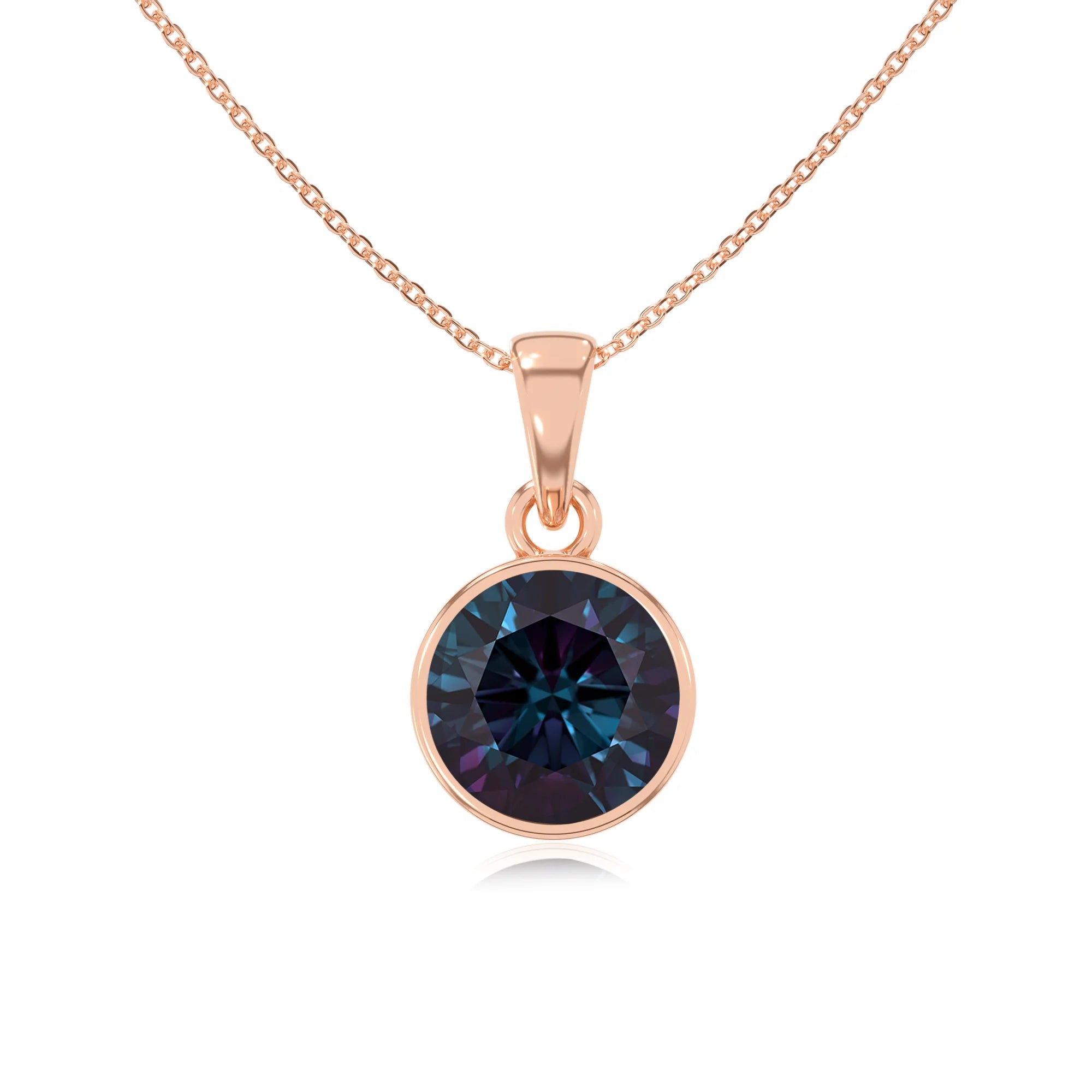 lab grown alexandrite round solitaire necklaces in rose gold
