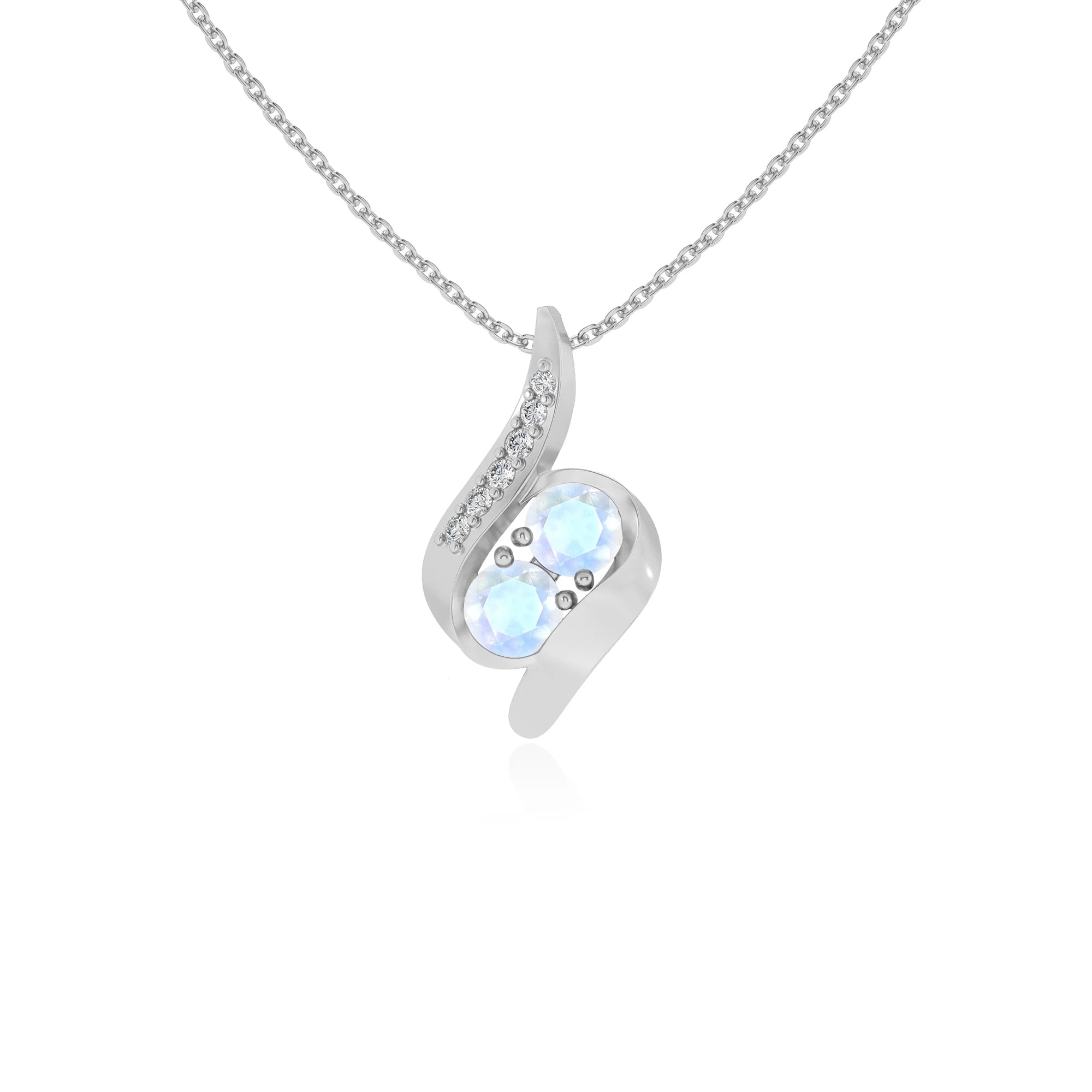 natural rainbow-moonstone round solitaire v-bale necklaces in white gold