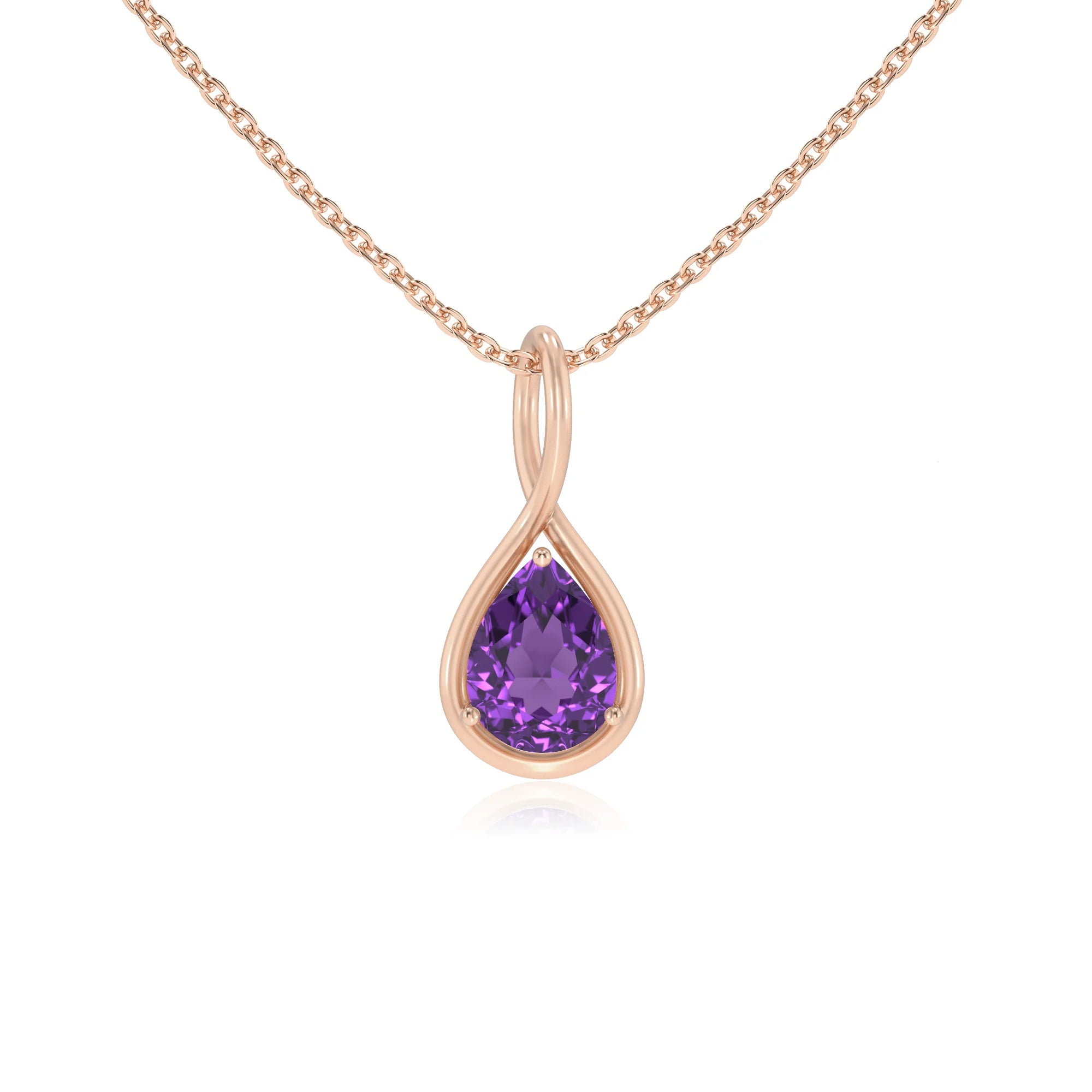 lab grown amethyst pear solitaire necklaces in rose gold