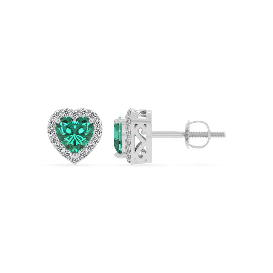 lab grown emerald heart stud earrings in white gold