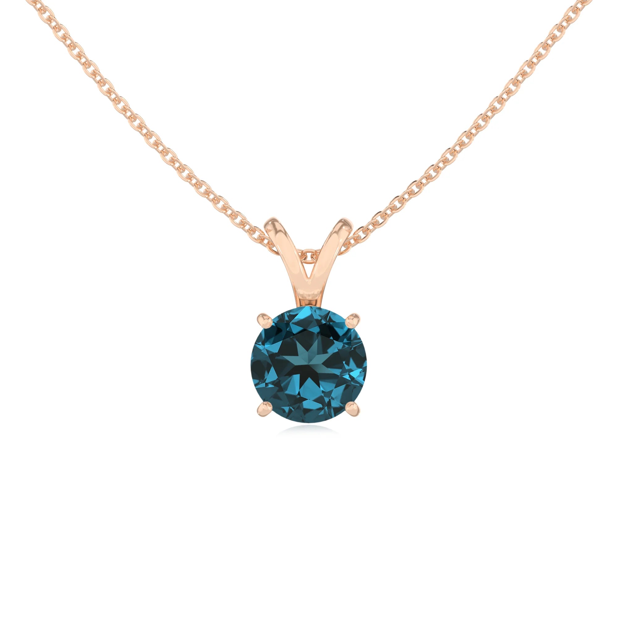 natural london-blue-topaz round solitaire v-bale necklaces in rose gold