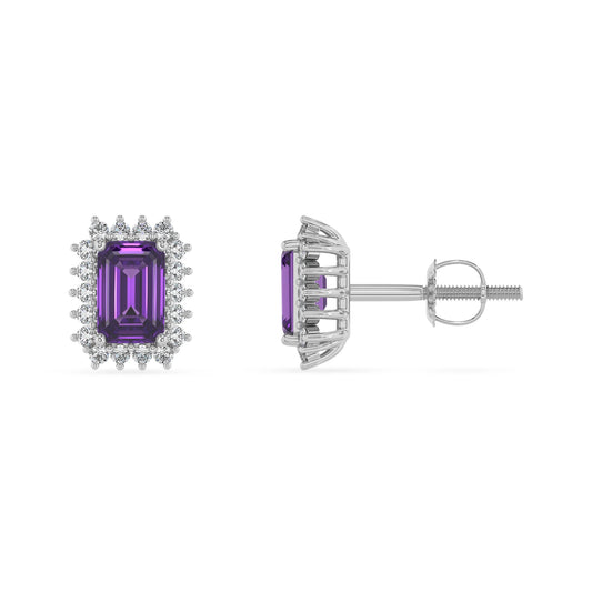 lab grown amethyst emerald cut stud earrings in platinum
