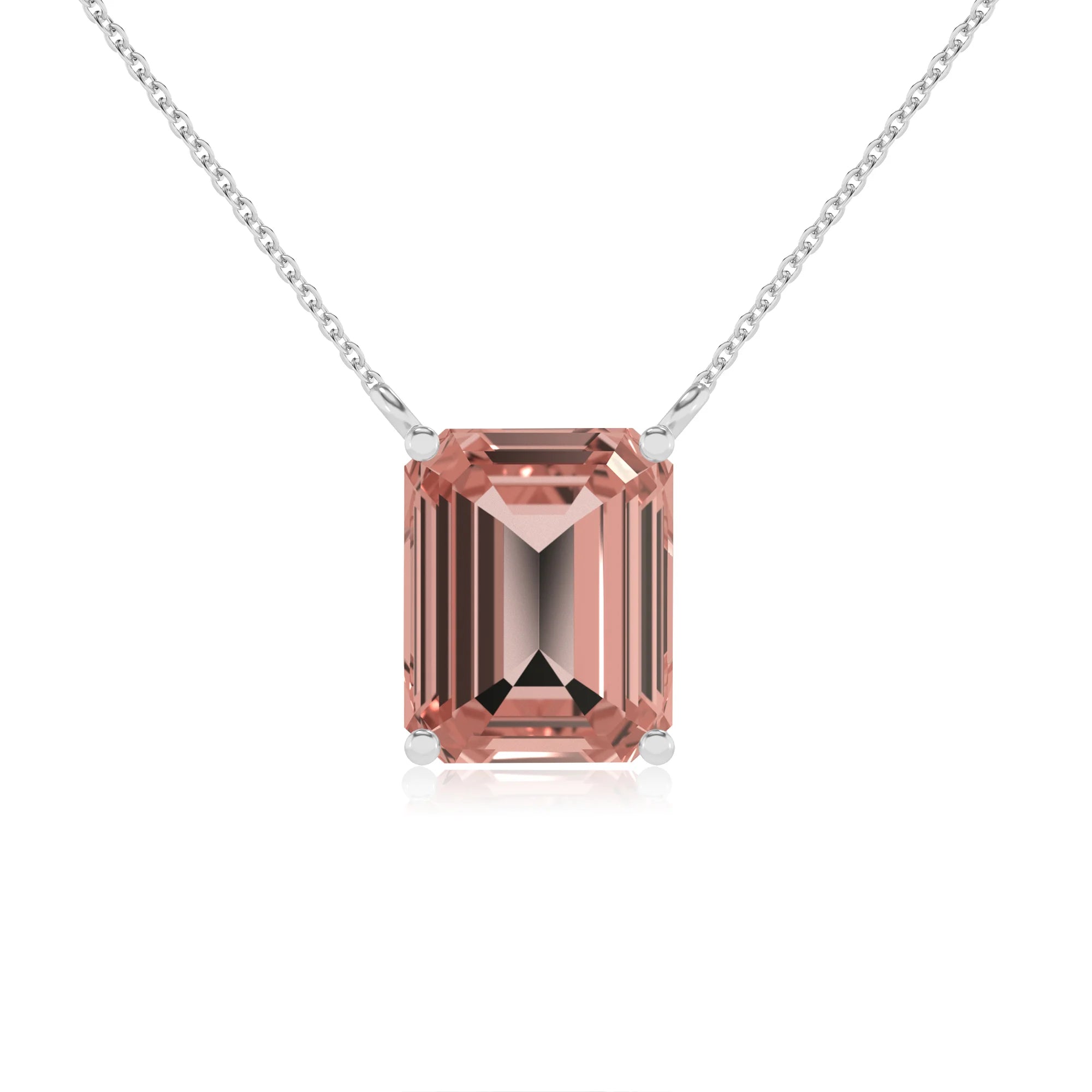 lab grown morganite emerald cut solitaire necklaces in sterling silver