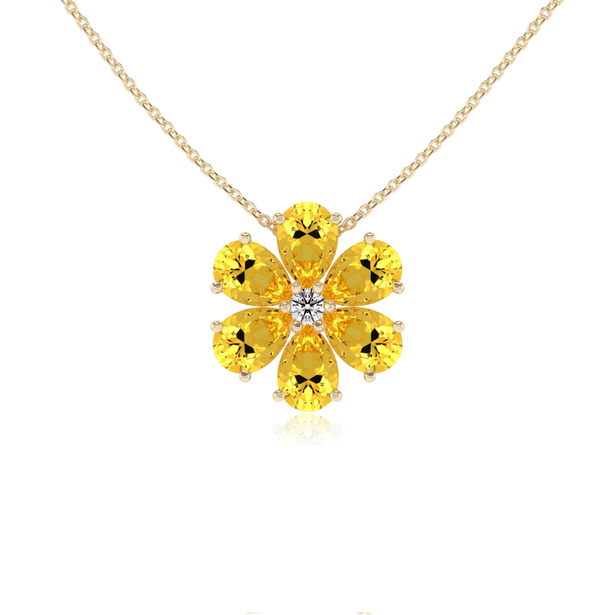lab grown yellow-sapphire pear solitaire necklaces in yellow gold