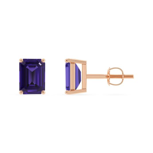 lab grown tanzanite emerald cut stud earrings in rose gold