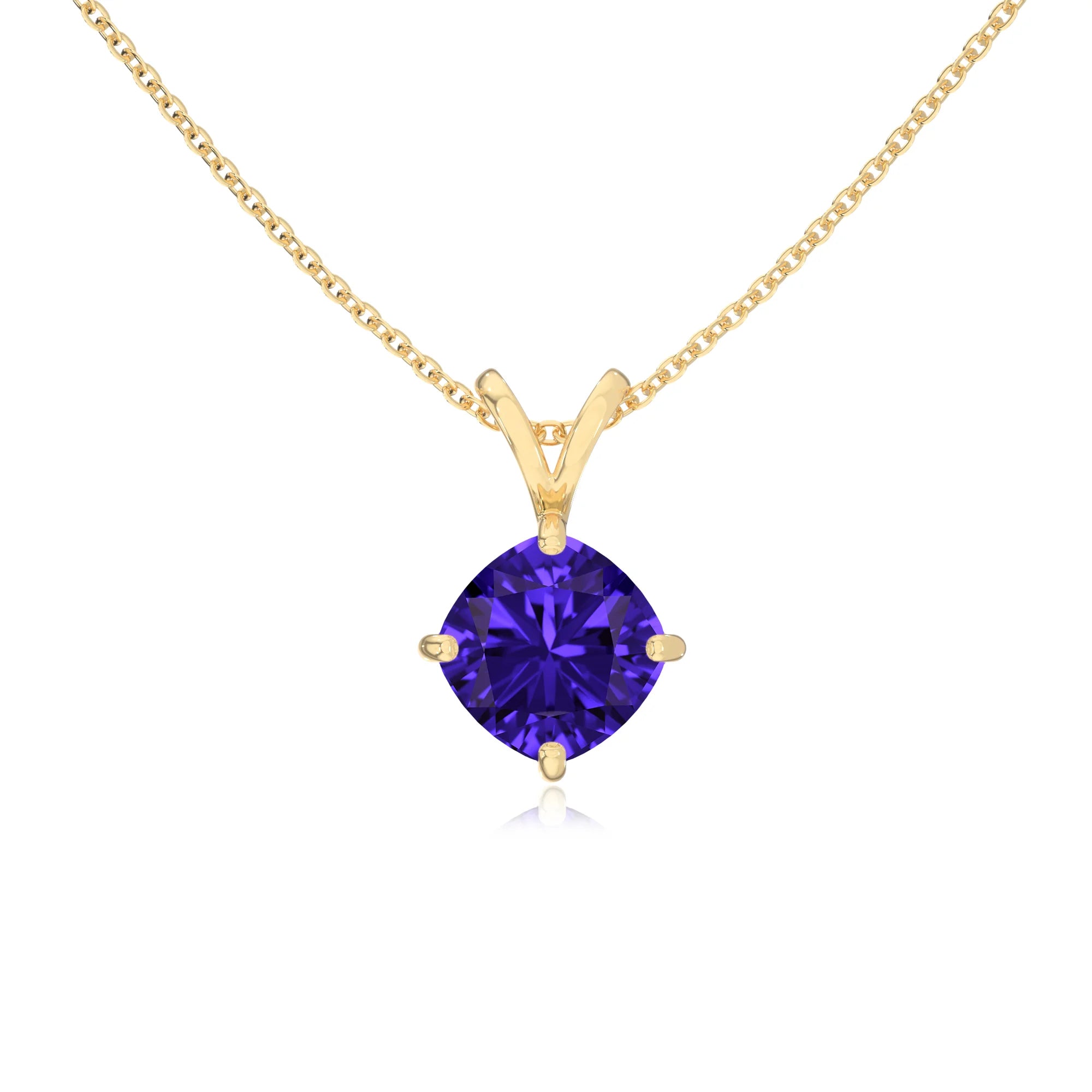 lab grown tanzanite cushion solitaire v-bale necklaces in yellow gold