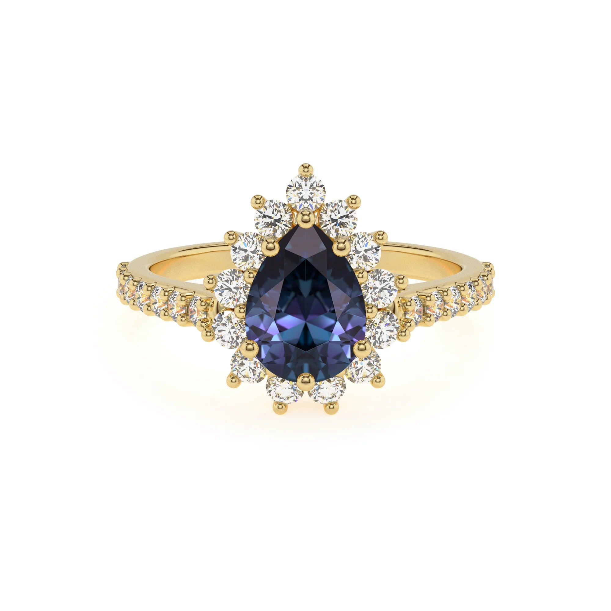 lab grown alexandrite pear solitaire rings in yellow gold