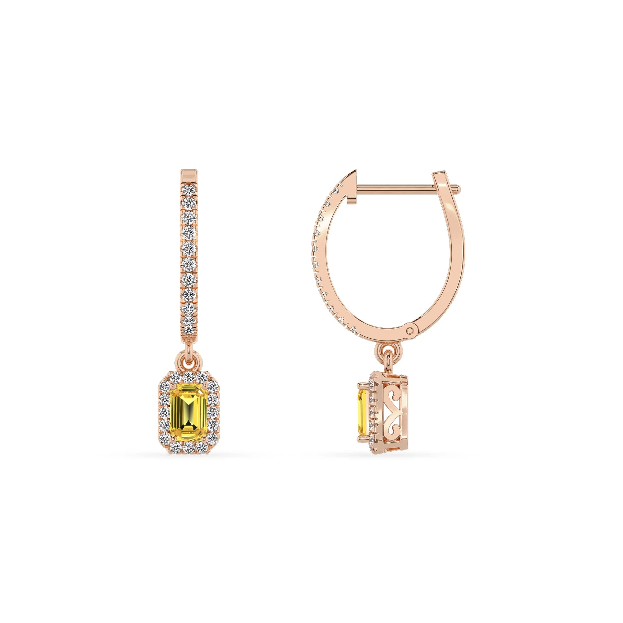 lab grown yellow sapphire emerald cut drop earrings in rose gold